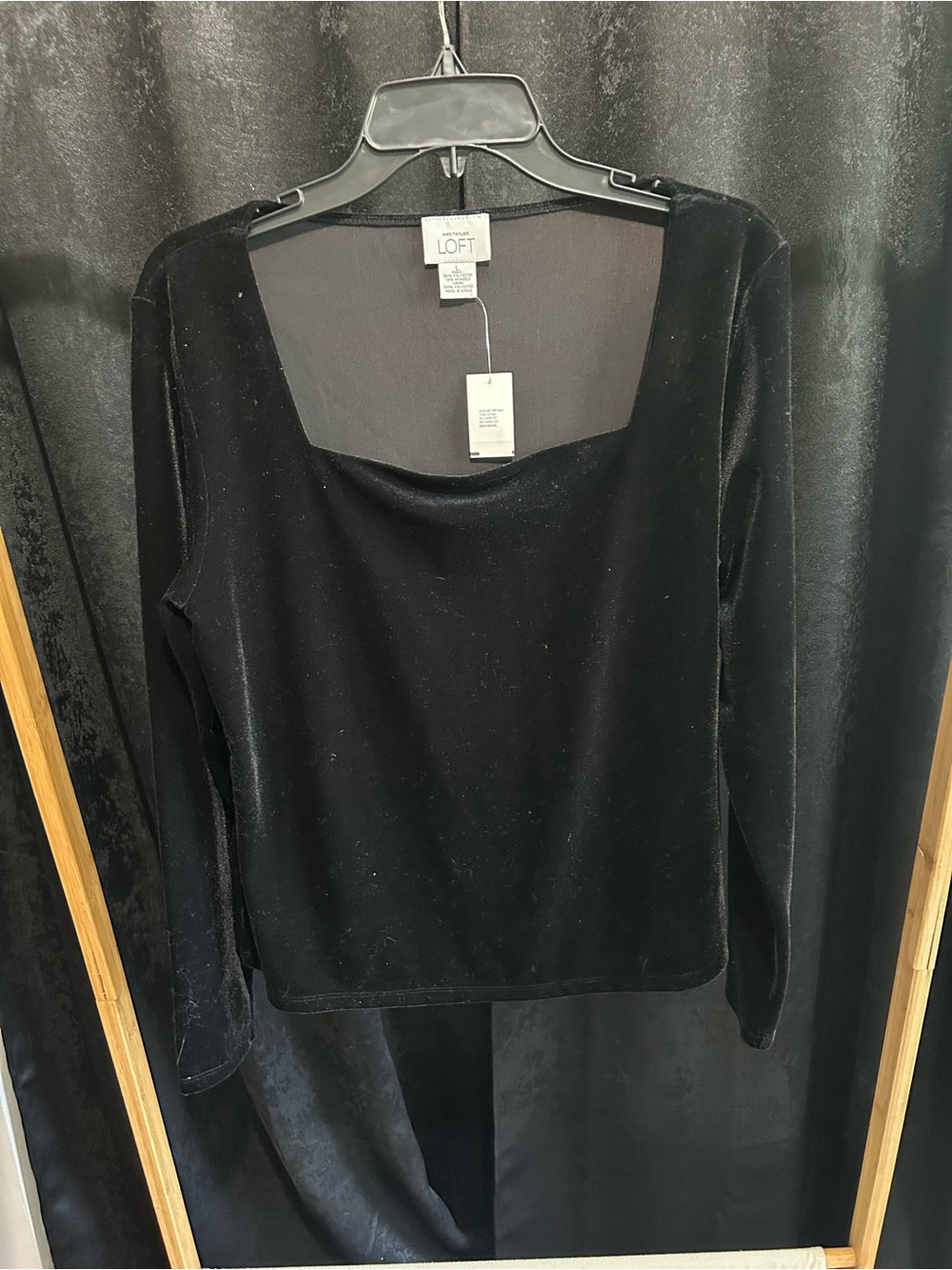 LOFT Black Velvet Long-Sleeve Square Neck Top
